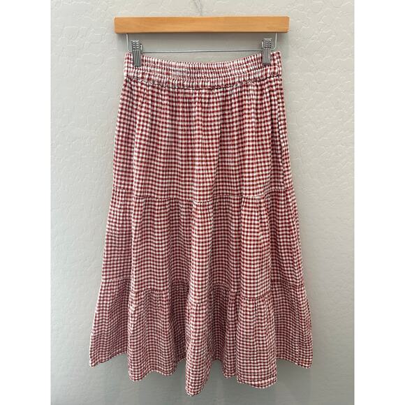 DOWNEAST | Red White Gingham Tiered Midi Skirt | Medium - Picture 3 of 6